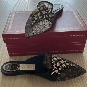 Rene Caovilla Ballerina Black Lace Lamb Mules size 9.5 NWT